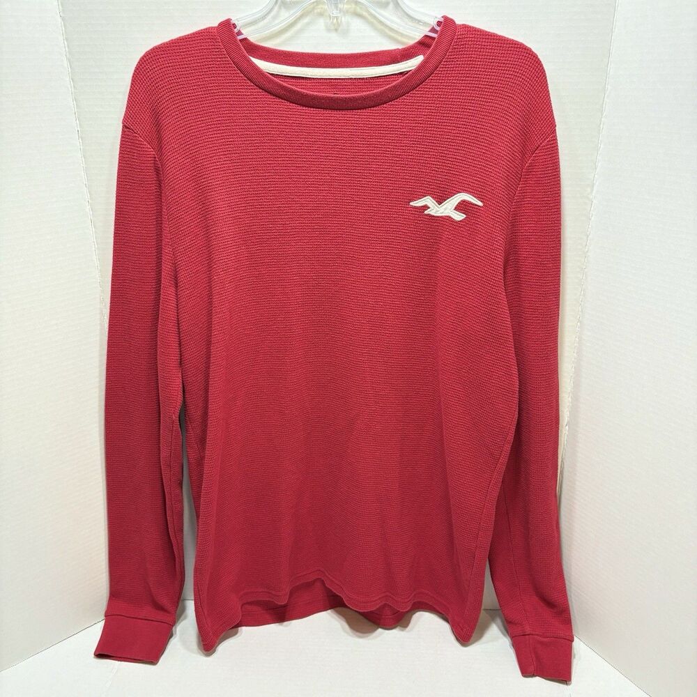 Hollister Co Men’s Medium Red Graphic Sleeve Waffle Knit Thermal Crew Top Y2K